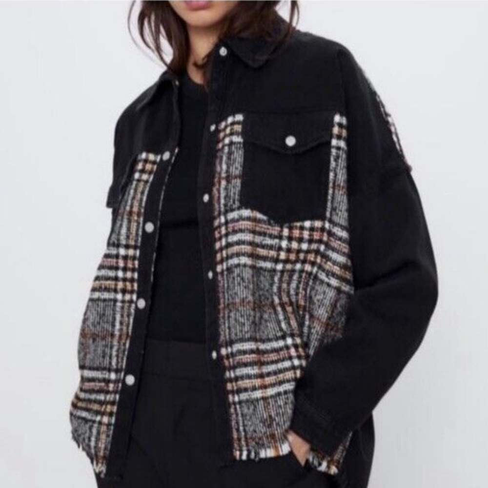 Zara Denim Jacket Wool Blend Houndstooth
